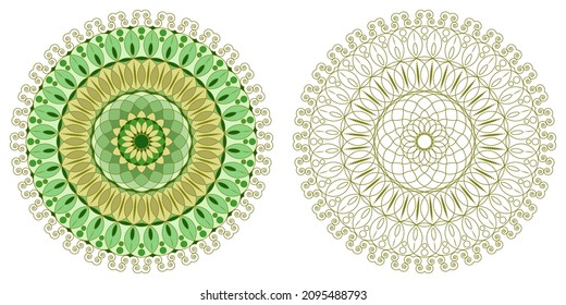 A simple mandala with geometric ornament and curls on a white background. Anti-stress coloring book for adults and children. Decorative element for design