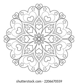 A simple mandala with hearts, flowers and stars on a white background. Anti-stress coloring book for children and adults. Decorative element for design