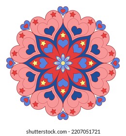 A simple mandala with hearts, flowers and stars on a white background. Anti-stress coloring book for children and adults. Decorative element for design