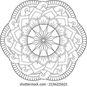 Simple mandala for relaxation. Flower mandala meditation coloring. Decorative ornament in ethnic oriental style, round shape and patterns for background and coloring book pages.