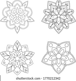 Simple mandala round ornament pattern set. Anti-stress coloring page for kids and adults. Yoga, tatoo, mehndi, lace design. Vector illustration.