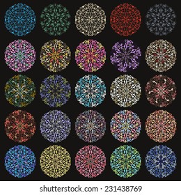 Simple mandala or snowflake in 25 color variations.