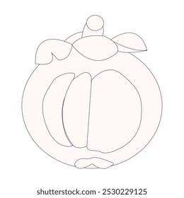 Simple mangosteen fruit sketch, minimalist outline of mangosteen fruit, whole fruit and other half. Ideal for use in illustrations, educational materials, or as icons in various creative projects.