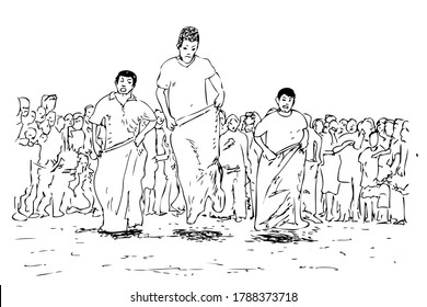simple manual hand draw sketch Goni Sack Race or Competition, common games at indonesia independence day
