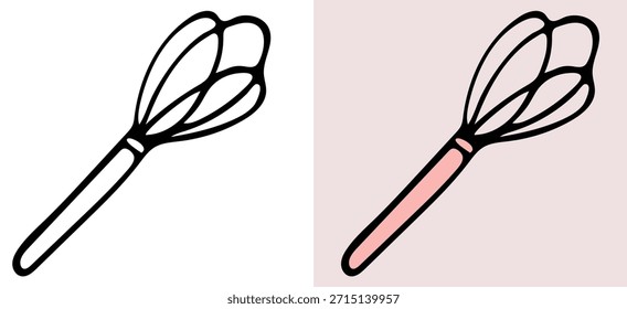 Simple manual hand whisk kitchen utensil doodle sketch vector illustration for culinary design, baking, cooking, and food preparation, in black and white line art drawing with a color version
