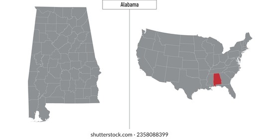 Simple map of Alabama state of United States and location on USA map