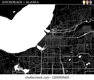 Simple map of Anchorage, Alaska, USA. Black and white version for clean backgrounds and prints. This map of Anchorage contains three markers who are grouped and can be moved separetly