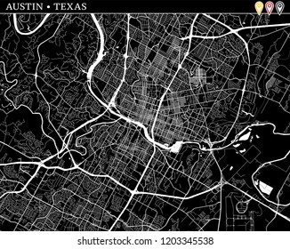 Simple map of Austin, Texas, USA. Black and white version for clean backgrounds and prints. This map of Austin contains three markers who are grouped and can be moved separetly in vector version.