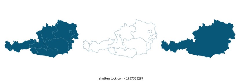 Simple map of Austria vector drawing. Mercator projection. Filled and outline.