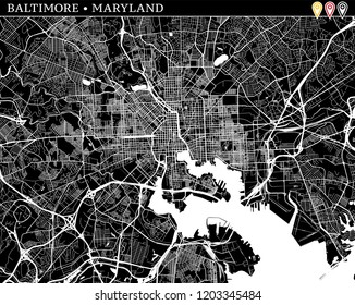 Simple map of Baltimore, Maryland, USA. Black and white version for clean backgrounds and prints. This map of Baltimore contains three markers who are grouped and can be moved separetly in vector