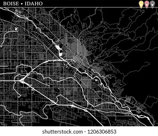 Simple map of Boise, Idaho, USA. Black and white version for clean backgrounds and prints. This map of Boise contains three markers who are grouped and can be moved separetly in vector version.