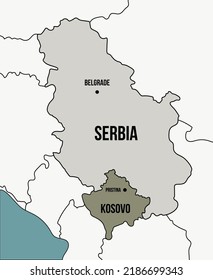 Simple map with borders between Republic of Serbia and the Republic of Kosovo and main cities. Crisis between Belgrade and Pristina. Vector illustration