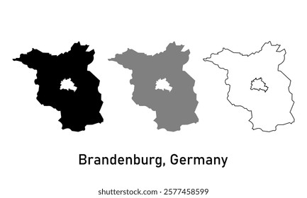 Simple map of Brandenburg is a state of Germany in outline style, black color, gray color	