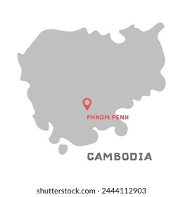 Simple map of Cambodia vector drawing. Filled version illustration isolated on white background. Map have mark the capital city of Cambodia.