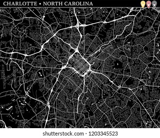Simple map of Charlotte, NC, USA. Black and white version for clean backgrounds and prints. This map of Charlotte contains three markers who are grouped and can be moved separetly in vector version.