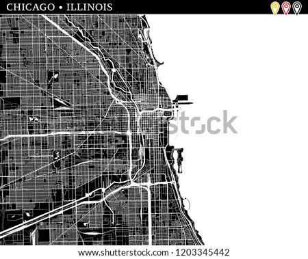 Simple map of Chicago, Illinois, USA. Black and white version for clean backgrounds and prints. This map of Chicago contains three markers who are grouped and can be moved separetly in vector version.