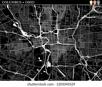 Simple map of Columbus, Ohio, USA. Black and white version for clean backgrounds and prints. This map of Columbus contains three markers who are grouped and can be moved separetly in vector version.