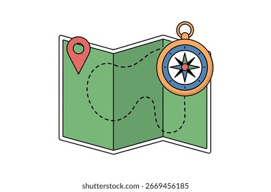Mapa simples com bússola e rota pontilhada, perfeito para ícones de navegação ou viagem.