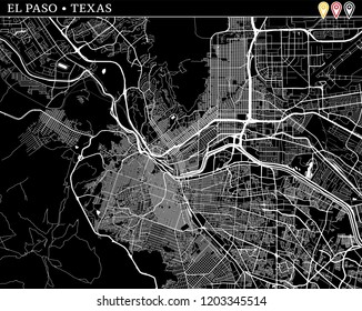 Simple map of El Paso, Texas, USA. Black and white version for clean backgrounds and prints. This map of El Paso contains three markers who are grouped and can be moved separetly in vector version.