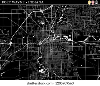 Simple map of Fort Wayne, Indiana, USA. Black and white version for clean backgrounds and prints. This map of Fort Wayne contains three markers who are grouped and can be moved separetly