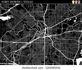 Simple map of Fort Worth, Texas, USA. Black and white version for clean backgrounds and prints. This map of Fort Worth contains three markers who are grouped and can be moved separetly.