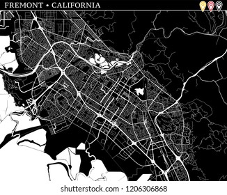 Simple map of Fremont, California, USA. Black and white version for clean backgrounds and prints. This map of Fremont contains three markers who are grouped and can be moved separetly in vector versio
