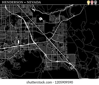 Simple map of Henderson, Nevada, USA. Black and white version for clean backgrounds and prints. This map of Henderson contains three markers who are grouped and can be moved separetly