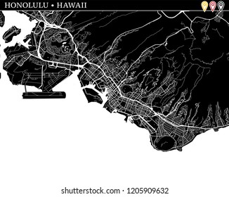 Simple map of Honolulu, Hawaii, USA. Black and white version for clean backgrounds and prints. This map of Honolulu contains three markers who are grouped and can be moved separetly in vector version.