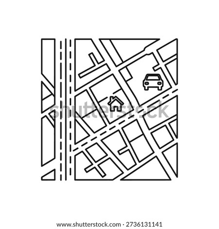 Simple Map with House and Car, Line Art Style, Navigation Use