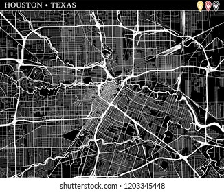 Simple map of Houston, Texas, USA. Black and white version for clean backgrounds and prints. This map of Houston contains three markers who are grouped and can be moved separetly in vector version.