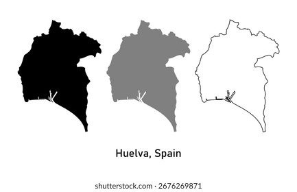Simple map of Huelva, a province in Spain. Map with various outline, black and gray.