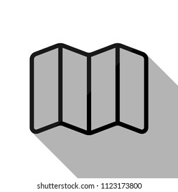 Simple map icon. Linear symbol with thin outline. Black object with long shadow on white background