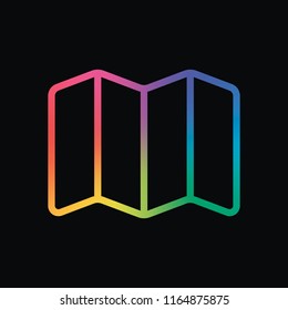 Simple map icon. Linear symbol with thin outline. Rainbow color and dark background