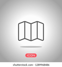 Simple map icon. Linear symbol with thin outline. Icon under spotlight. Gray background