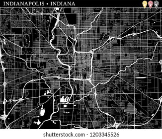 Simple map of Indianapolis, Indiana, USA. Black and white version for clean backgrounds and prints. This map of Indianapolis contains three markers who are grouped and can be moved separetly