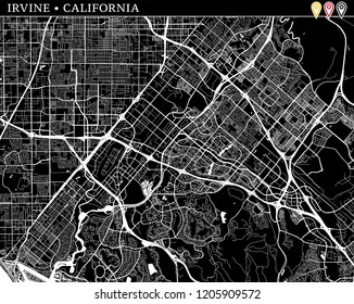 Simple map of Irvine, California, USA. Black and white version for clean backgrounds and prints. This map of Irvine contains three markers who are grouped and can be moved separetly in vector version.