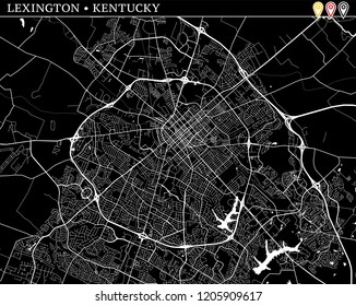 Simple map of Lexington, Kentucky, USA. Black and white version for clean backgrounds and prints. This map of Lexington contains three markers who are grouped and can be moved separetly