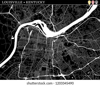 Simple map of Louisville, Kentucky, USA. Black and white version for clean backgrounds and prints. This map of Louisville contains three markers who are grouped and can be moved separetly in vector