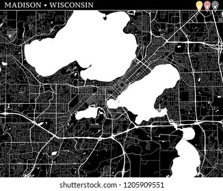 Simple map of Madison, Wisconsin, USA. Black and white version for clean backgrounds and prints. This map of Madison contains three markers who are grouped and can be moved separetly