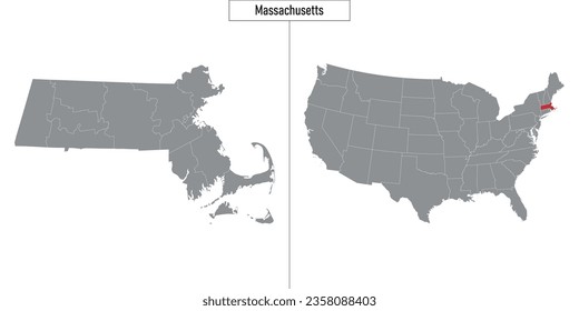 Mapa simple del estado de Massachusetts en Estados Unidos y ubicación en el mapa de Estados Unidos