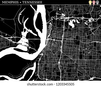 Simple map of Memphis, Tennessee, USA. Black and white version for clean backgrounds and prints. This map of Memphis contains three markers who are grouped and can be moved separetly