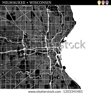 Simple map of Milwaukee, Wisconsin, USA. Black and white version for clean backgrounds and prints. This map of Milwaukee contains three markers who are grouped and can be moved separetly in vector
