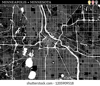 Simple map of Minneapolis, Minnesota, USA. Black and white version for clean backgrounds and prints. This map of Minneapolis contains three markers who are grouped and can be moved separetly in vector