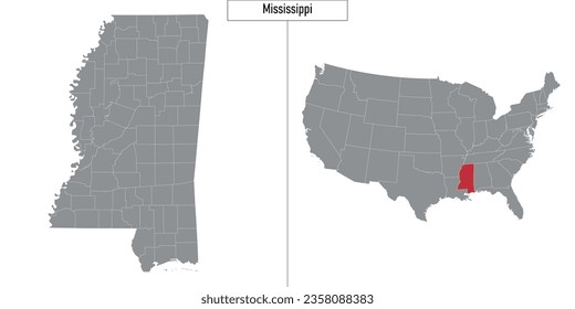 Mapa simple del estado de Mississippi en Estados Unidos y ubicación en el mapa de Estados Unidos