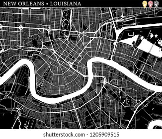 Simple map of New Orleans, Louisiana, USA. Black and white version for clean backgrounds and prints. This map of New Orleans contains three markers who are grouped and can be moved separetly in vector