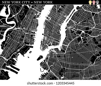 Simple map of New York City, New York, USA. Black and white version for clean backgrounds and prints. This map of New York City contains three markers who are grouped and can be moved separately