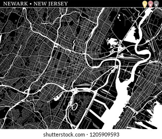 Simple map of Newark, New Jersey, USA. Black and white version for clean backgrounds and prints. This map of Newark contains three markers who are grouped and can be moved separetly in vector version.