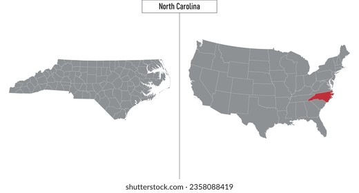 Mapa simple del estado de Carolina del Norte en Estados Unidos y ubicación en el mapa de Estados Unidos