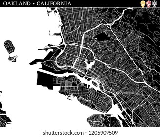 Simple map of Oakland, California, USA. Black and white version for clean backgrounds and prints. This map of Oakland contains three markers who are grouped and can be moved separetly in vector versio