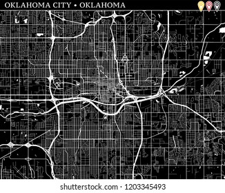 Simple map of Oklahoma City, Oklahoma, USA. Black and white version for clean backgrounds and prints. This map of Oklahoma City contains three markers who are grouped and can be moved separetly